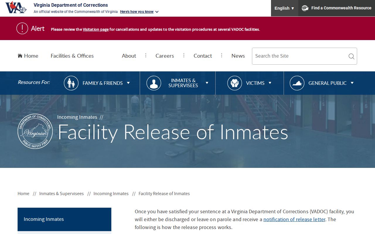 Westmoreland County actual VADOC release process
